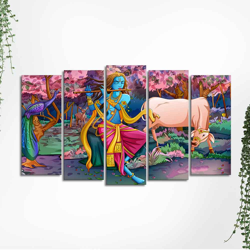 Canvas Wall Painting of Krishna Playing Flute Set of Five - Image 5