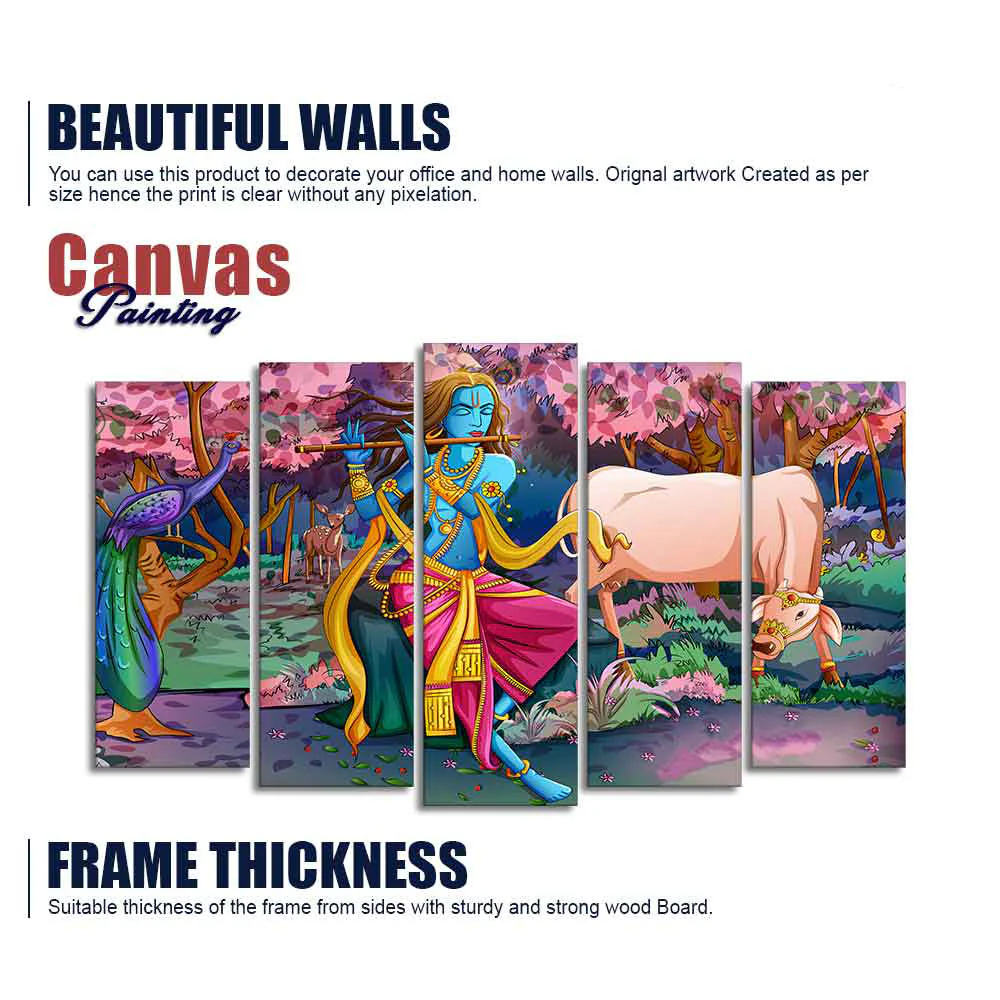 Canvas Wall Painting of Krishna Playing Flute Set of Five - Image 6