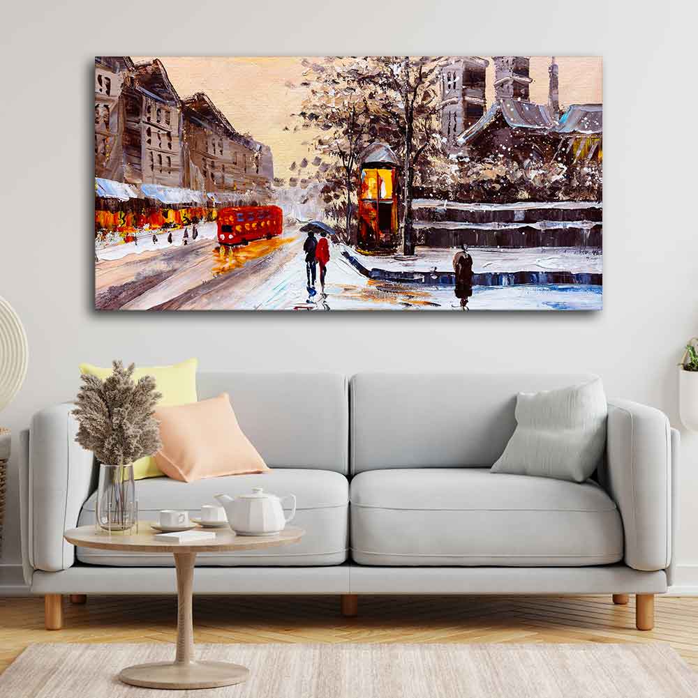 Canvas Wall Painting of Street view of London with Snowfall Background - Image 2