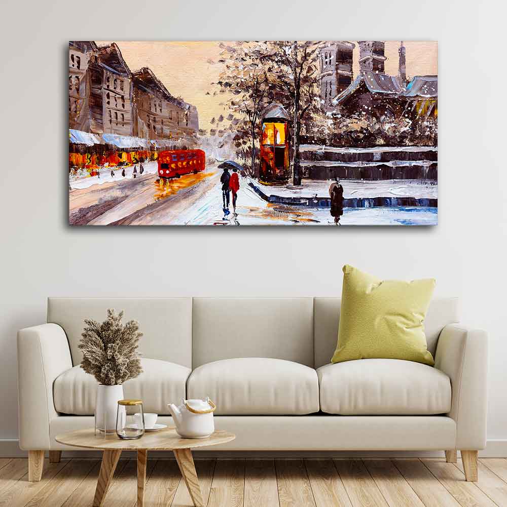 Canvas Wall Painting of Street view of London with Snowfall Background - Image 3