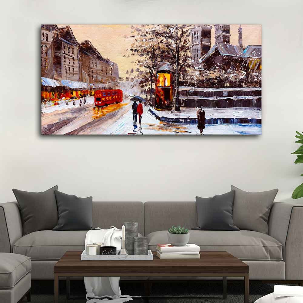 Canvas Wall Painting of Street view of London with Snowfall Background - Image 4