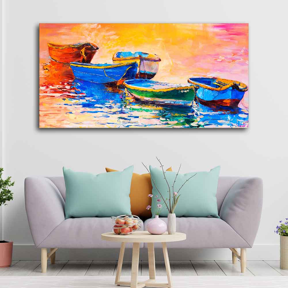 Canvas Wall Painting of The Colorful Boats in Shades of Sunset - Image 2