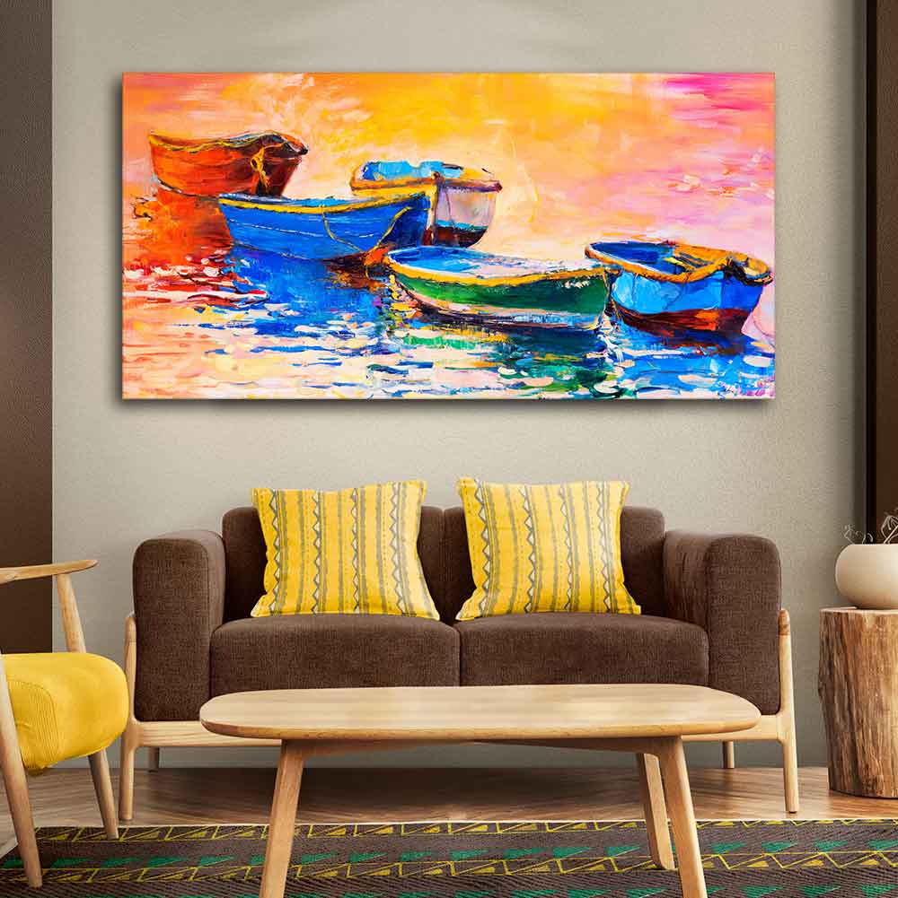 Canvas Wall Painting of The Colorful Boats in Shades of Sunset - Image 3