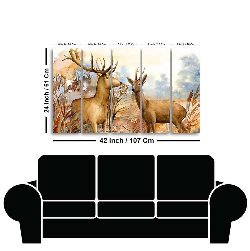 Canvas Wall Painting Pair of Deer in the Forest Set of Five - Image 6