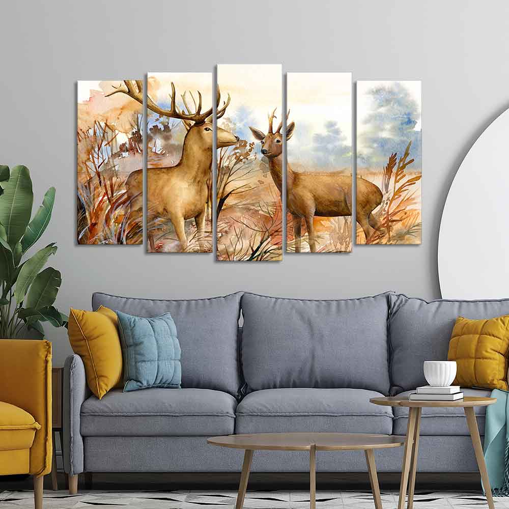 Canvas Wall Painting Pair of Deer in the Forest Set of Five Pieces - Image 3