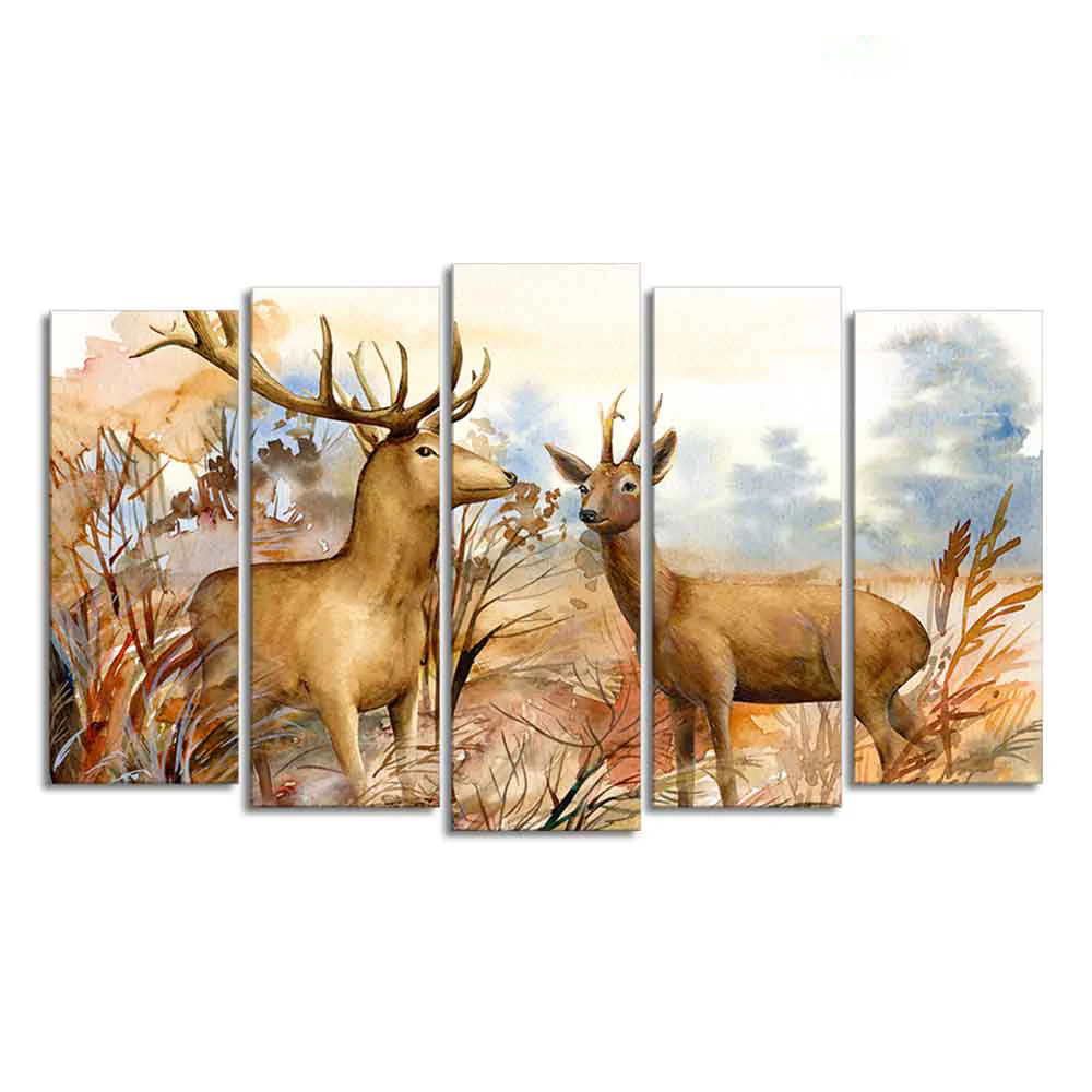 Canvas Wall Painting Pair of Deer in the Forest Set of Five Pieces - Image 4