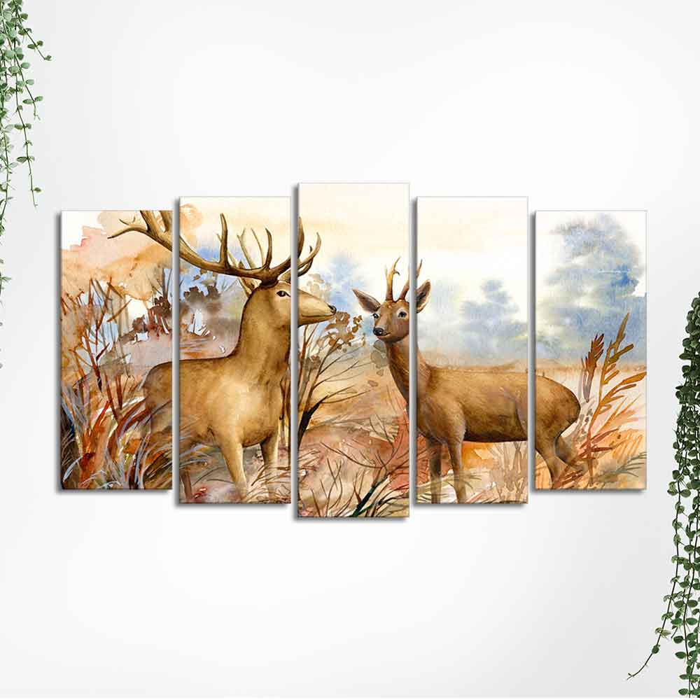 Canvas Wall Painting Pair of Deer in the Forest Set of Five Pieces - Image 5