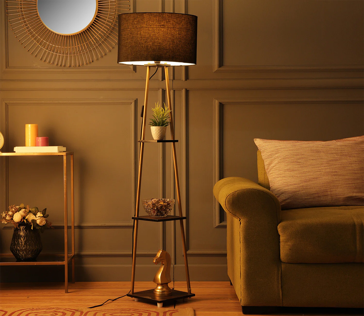 Castle 3 Tier Black Color Shelf Storage Floor Lamp with Golden Metal Legs - Image 2