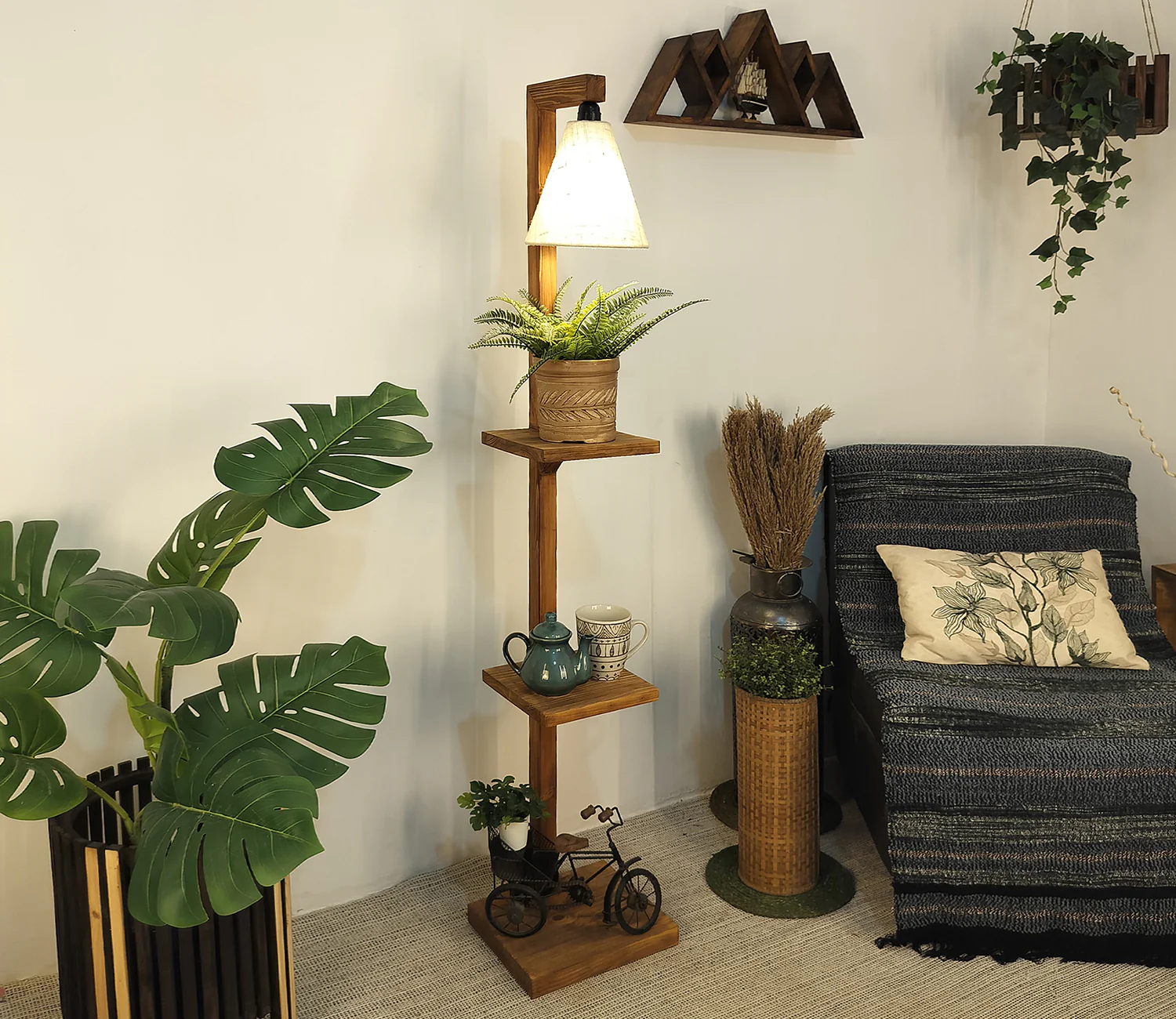 Castle 3 Tier Floor Lamp with Brown Base and Jute Fabric Lampshade - Image 2
