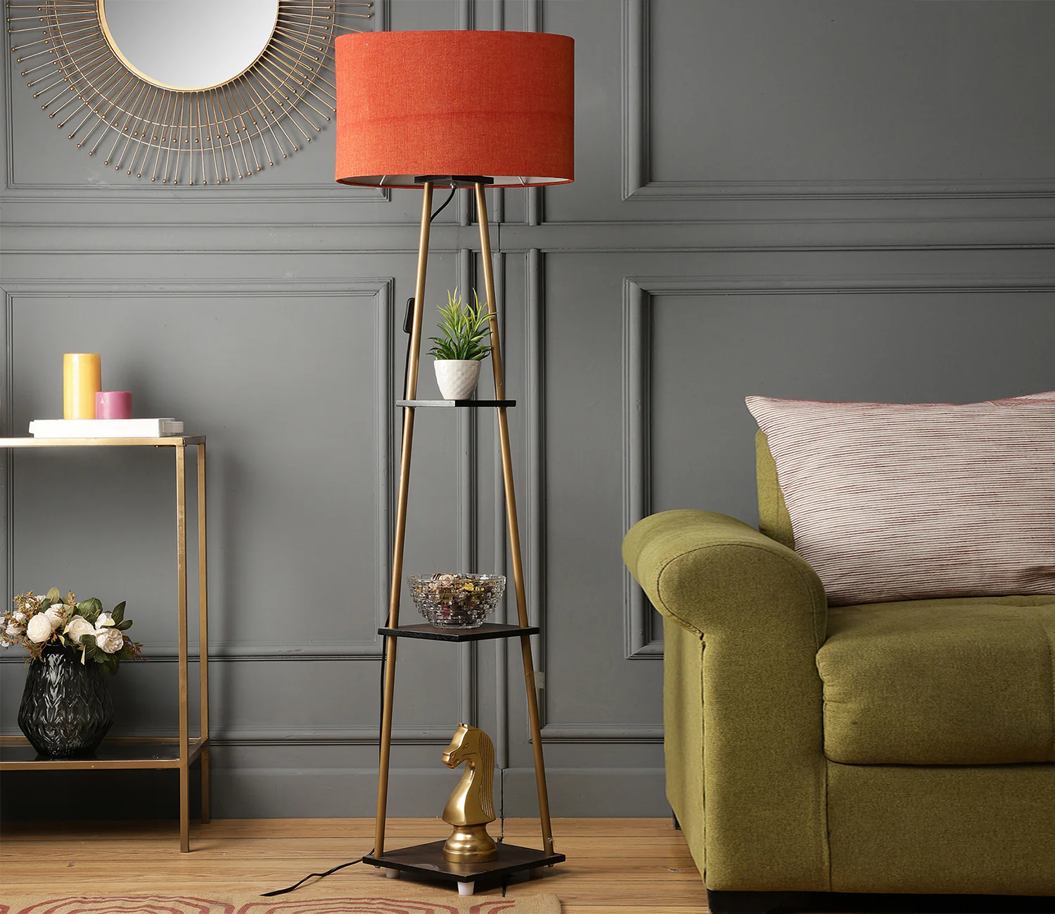 Castle 3 Tier Red Color Shelf Storage Floor Lamp with Golden Metal Legs