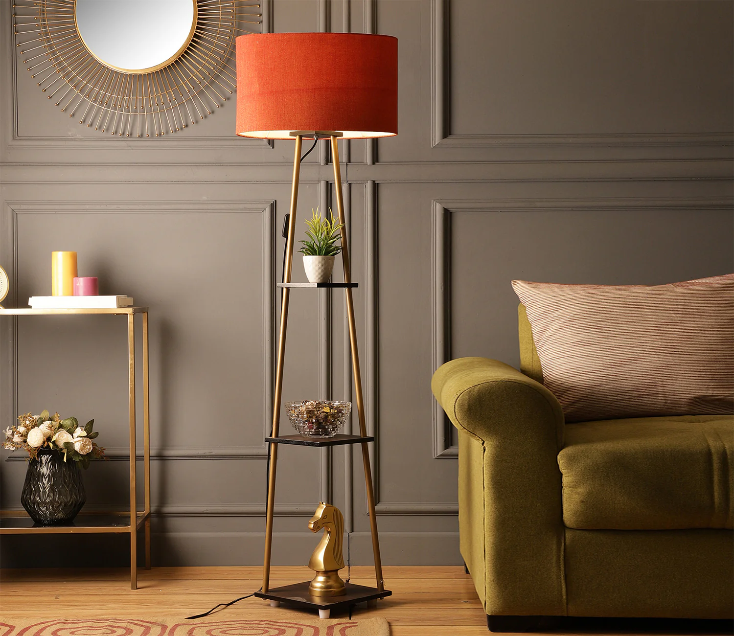 Castle 3 Tier Red Color Shelf Storage Floor Lamp with Golden Metal Legs - Image 2
