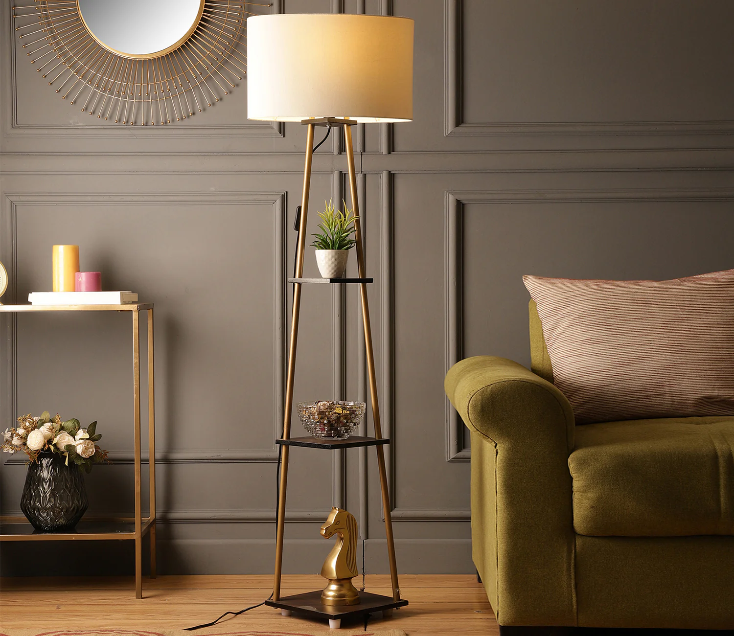Castle 3 Tier White Color Shelf Storage Floor Lamp with Golden Metal Legs - Image 2