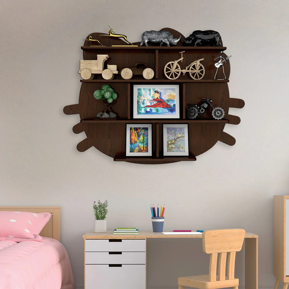 Cat Shape Backlit Designer Wooden Wall Shelf / Book Shelf / Night Light, Walnut Finish - Image 2