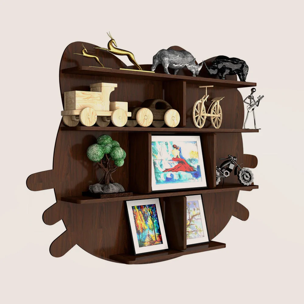 Cat Shape Backlit Designer Wooden Wall Shelf / Book Shelf / Night Light, Walnut Finish - Image 3