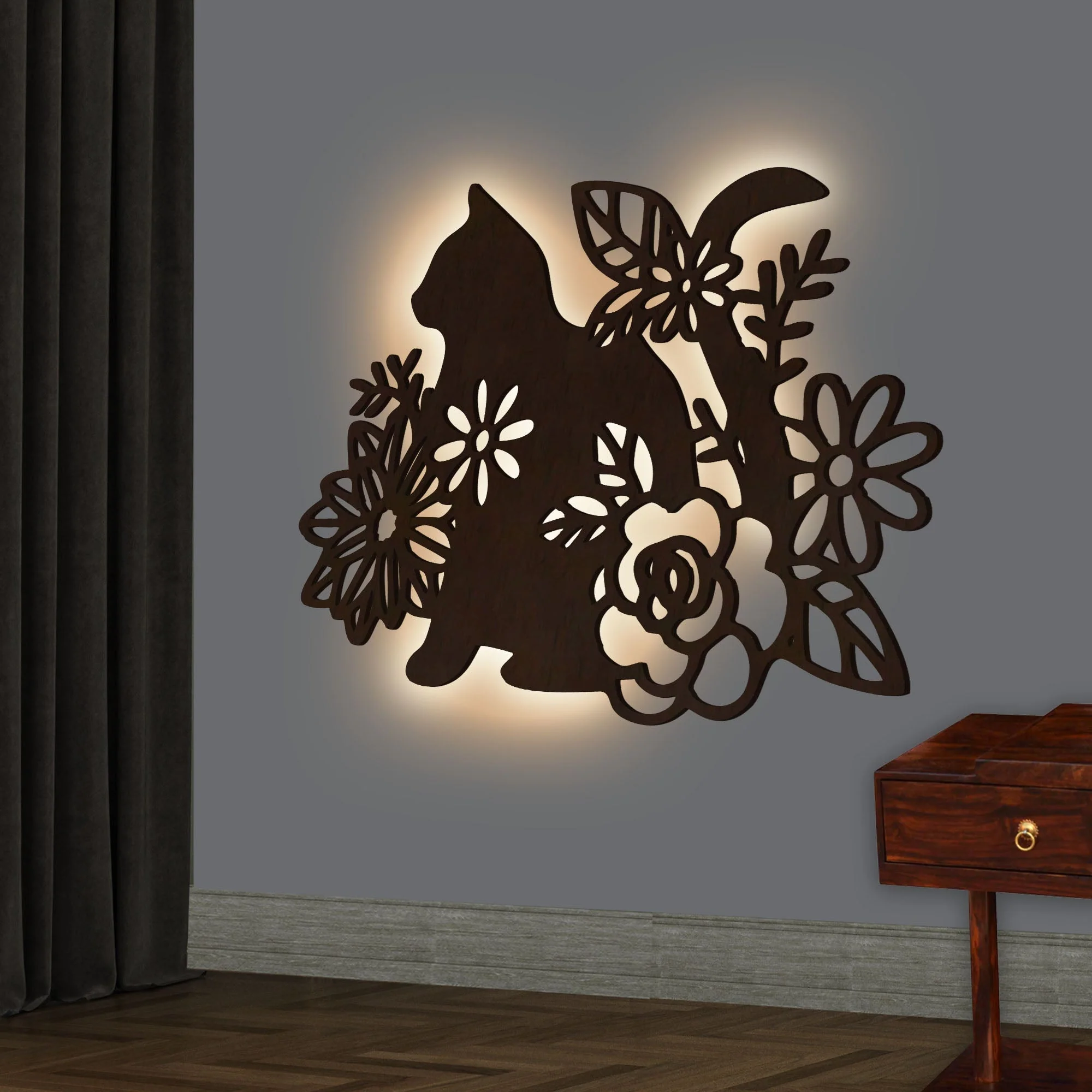 Cat with Flower Backlit Wooden Wall Decor with LED Night Light Walnut Finish - Image 2
