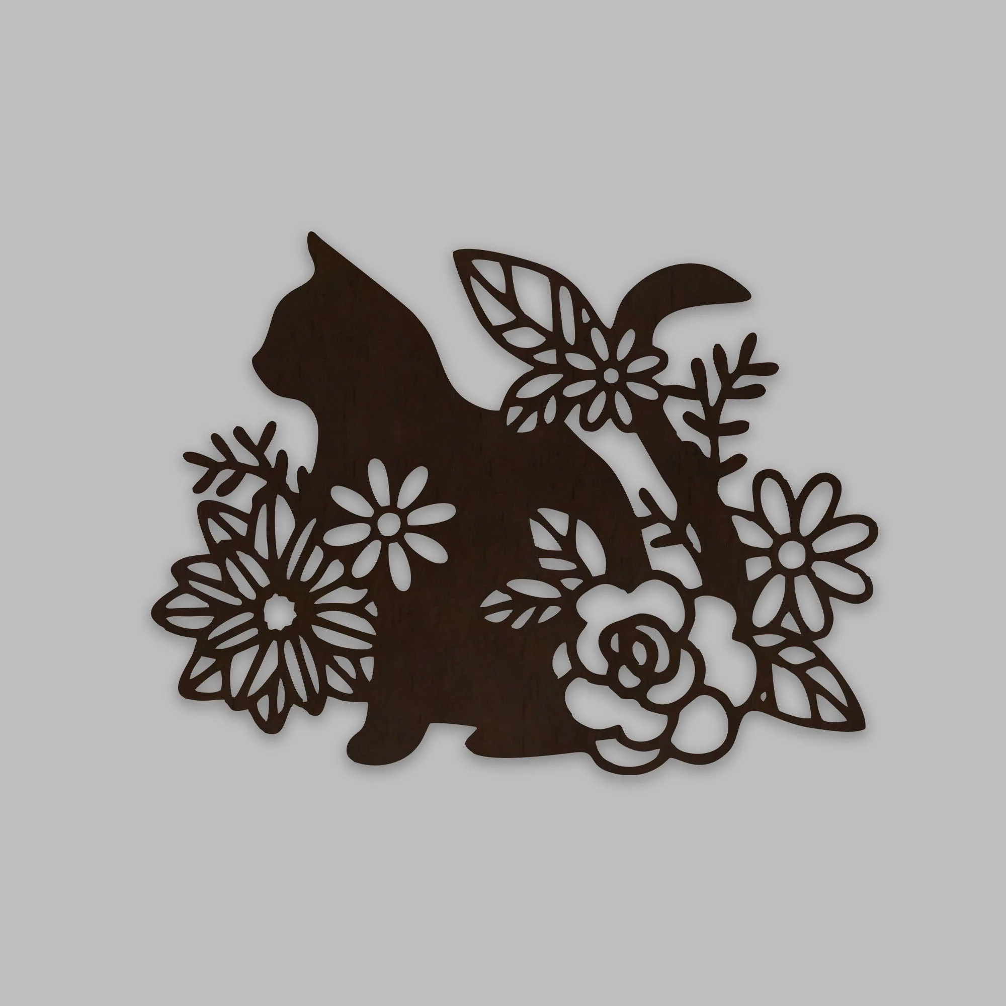 Cat with Flower Backlit Wooden Wall Decor with LED Night Light Walnut Finish - Image 3