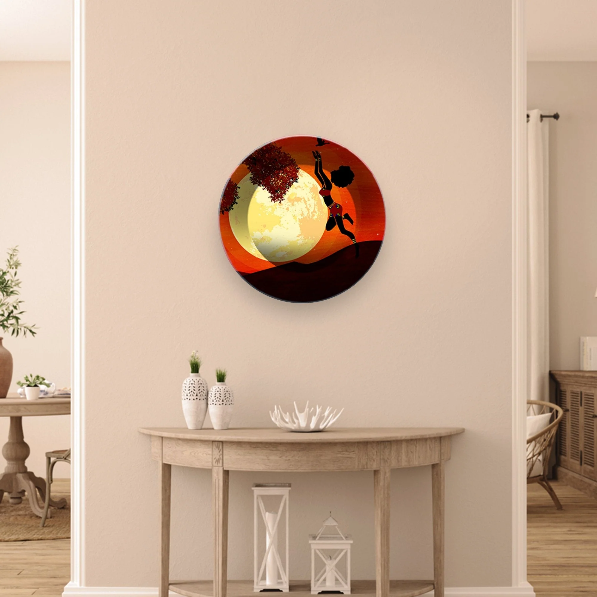 Ceramic Hanging Wall Plate Painting of Girl Catching Bird Moon in Background - Image 2