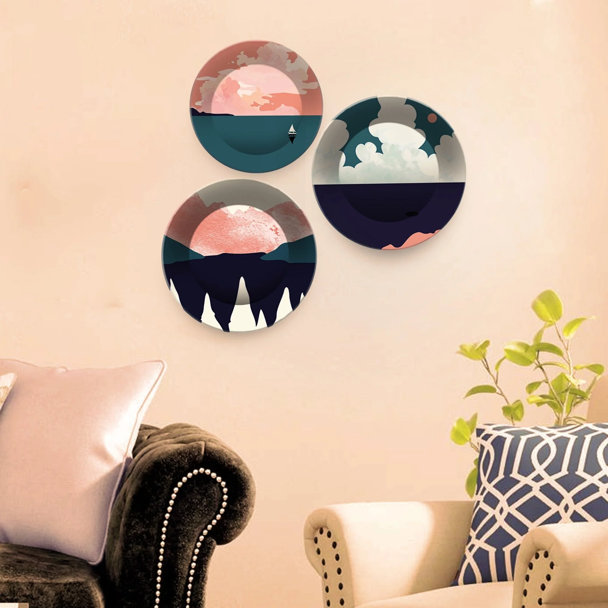 Ceramic Wall Plates with Beautiful Modern Art Mountain Scenery Set of 3 - Image 2