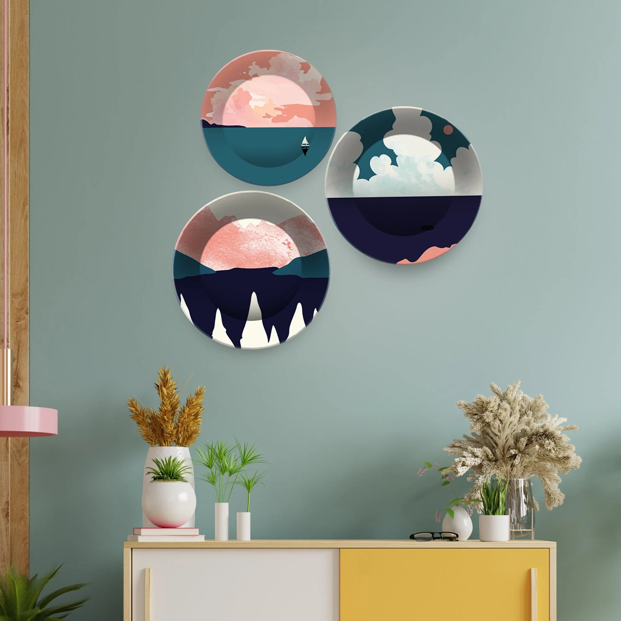 Ceramic Wall Plates with Beautiful Modern Art Mountain Scenery Set of 3 - Image 3
