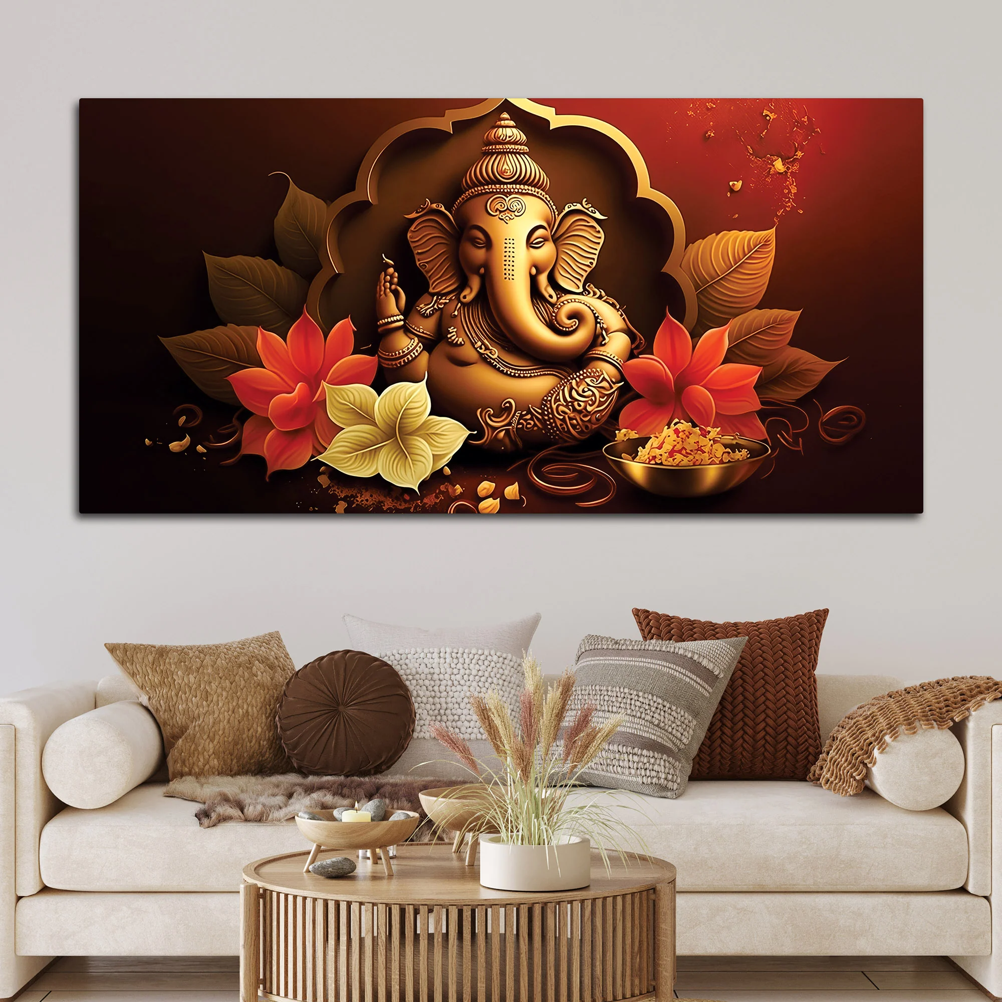 Charming Lord Ganesha Blessing Canvas Wall Painting with Lotus Flower Art for Home & Office Decoration – Modern Spiritual Wall Decor - Image 2