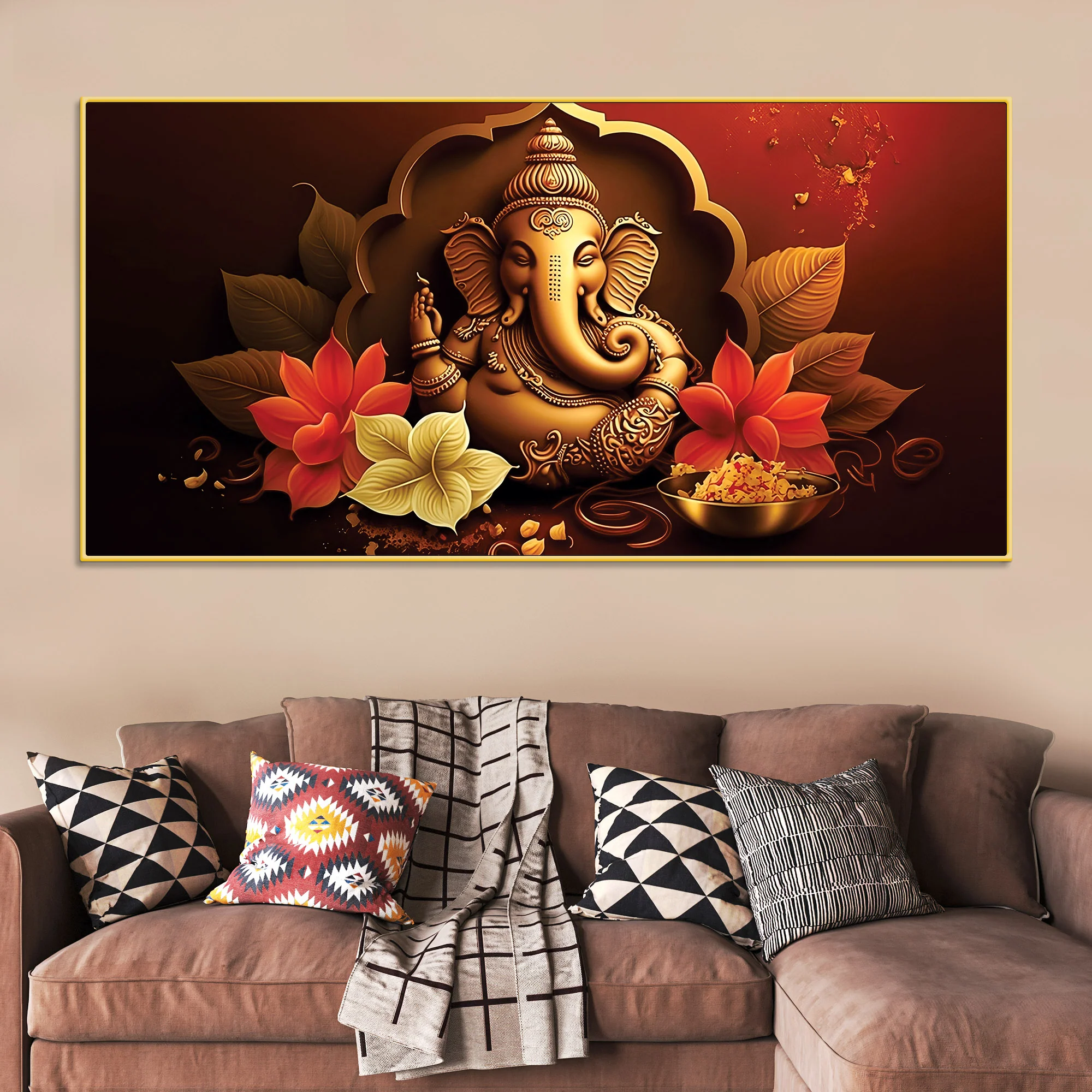 Charming Lord Ganesha Blessing Canvas Wall Painting with Lotus Flower Art for Home & Office Decoration – Modern Spiritual Wall Decor - Image 3