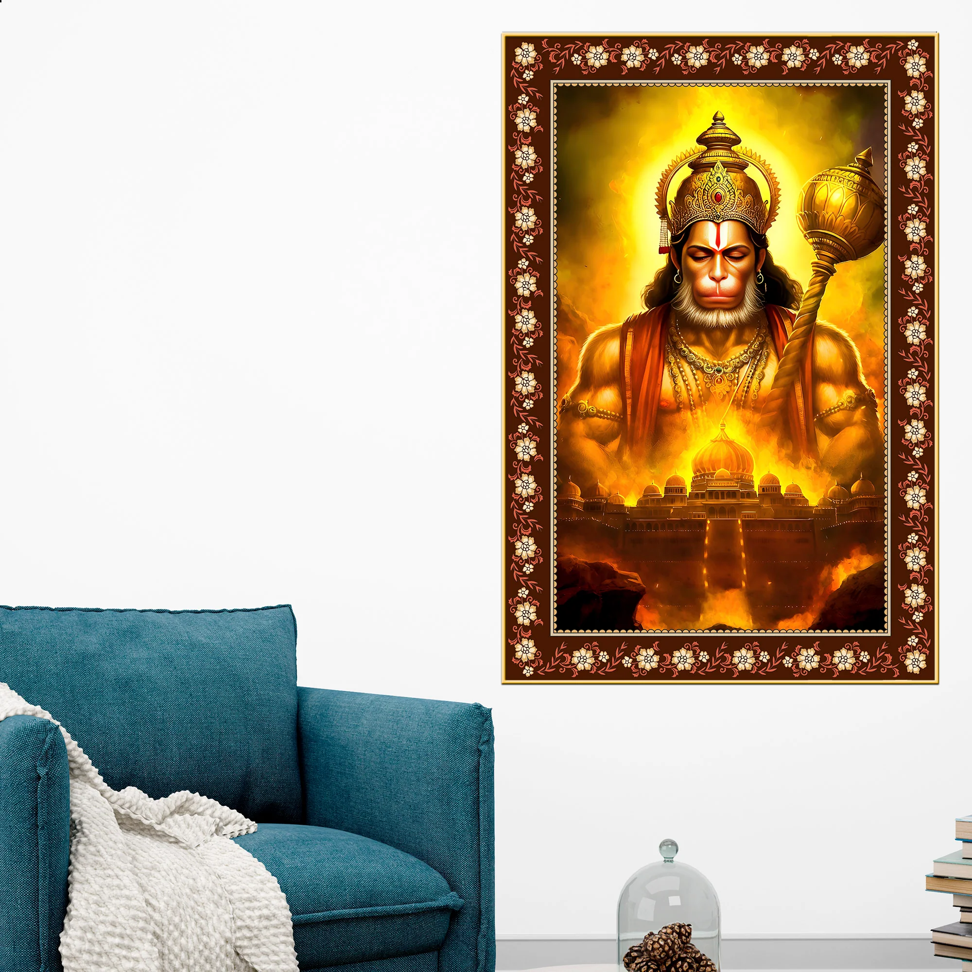 Chiranjivi Hanuman Immortal One Floral Border Vertical Wall Painting - Image 2