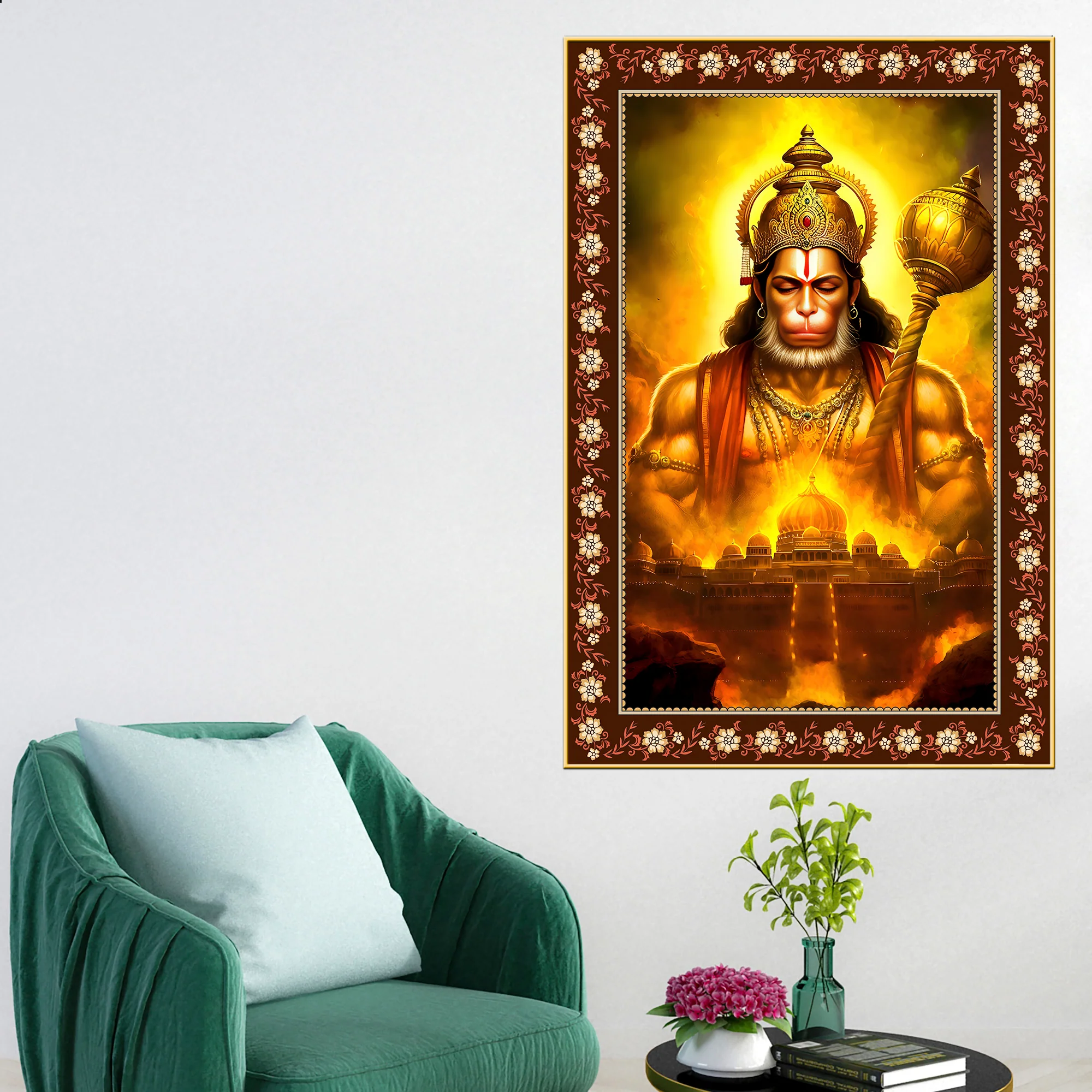Chiranjivi Hanuman Immortal One Floral Border Vertical Wall Painting - Image 3