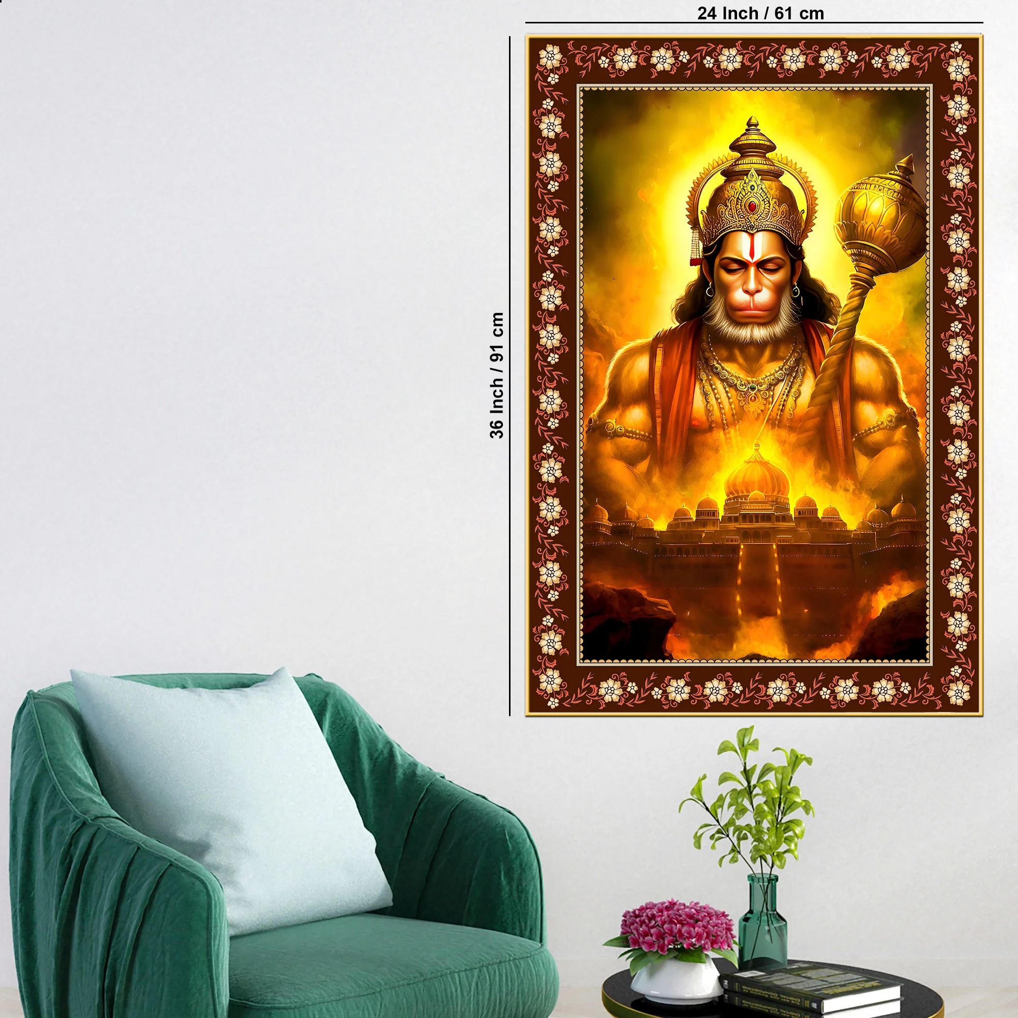Chiranjivi Hanuman Immortal One Floral Border Vertical Wall Painting - Image 6