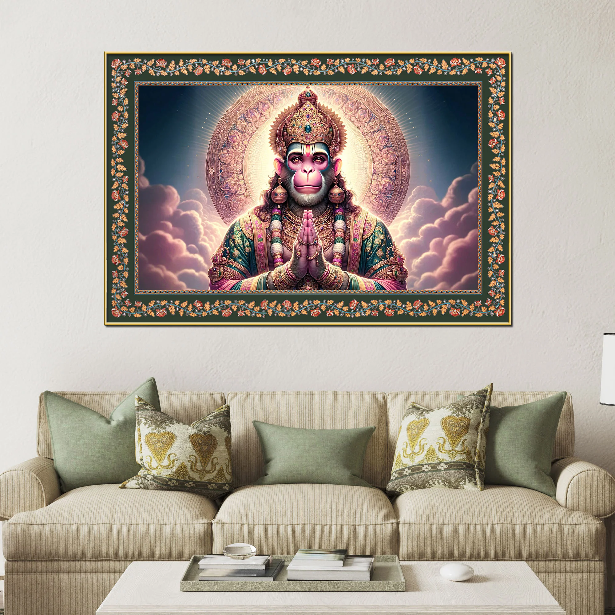 Chiranjivi Lord Hanuman Floral Border Canvas Wall Painting - Image 3