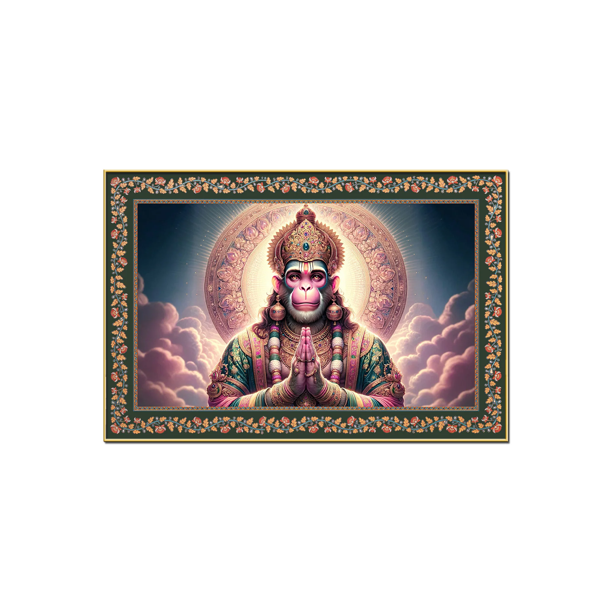 Chiranjivi Lord Hanuman Floral Border Canvas Wall Painting - Image 4