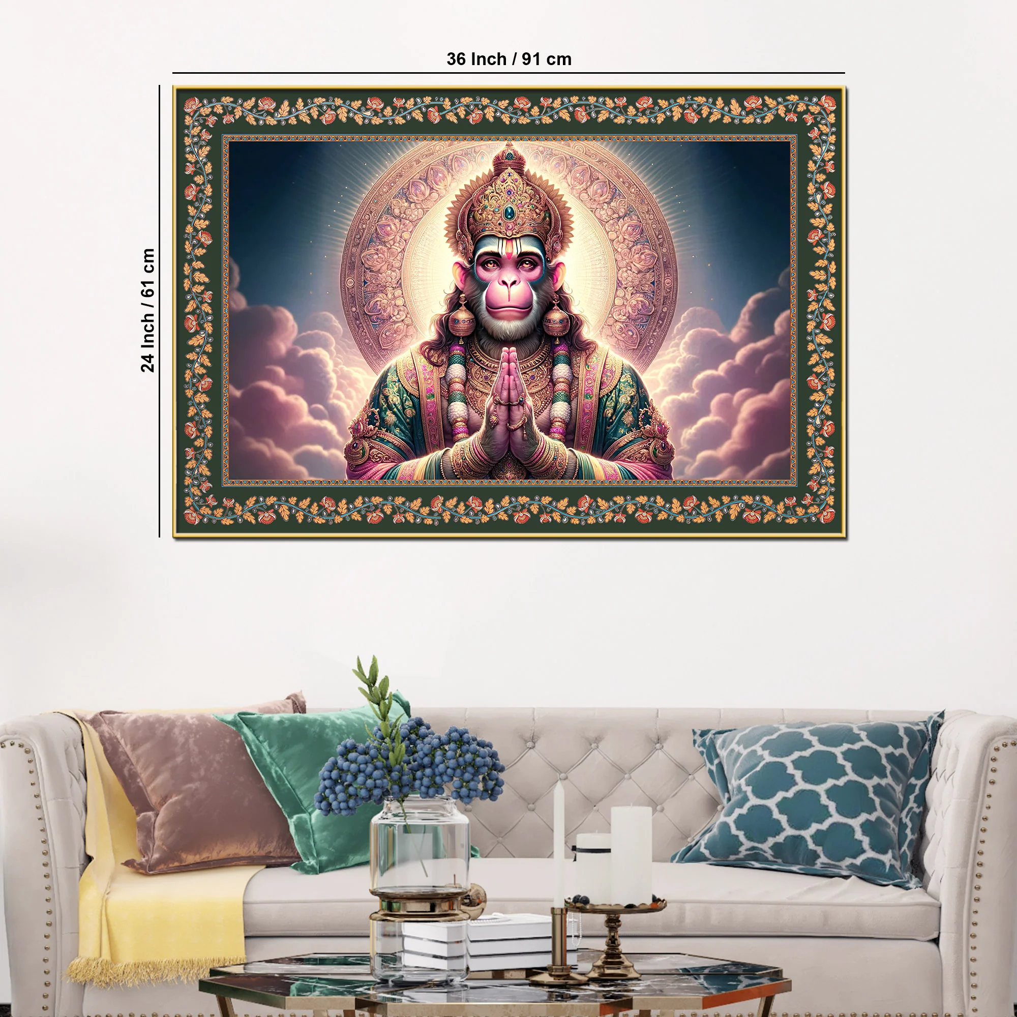 Chiranjivi Lord Hanuman Floral Border Canvas Wall Painting - Image 6
