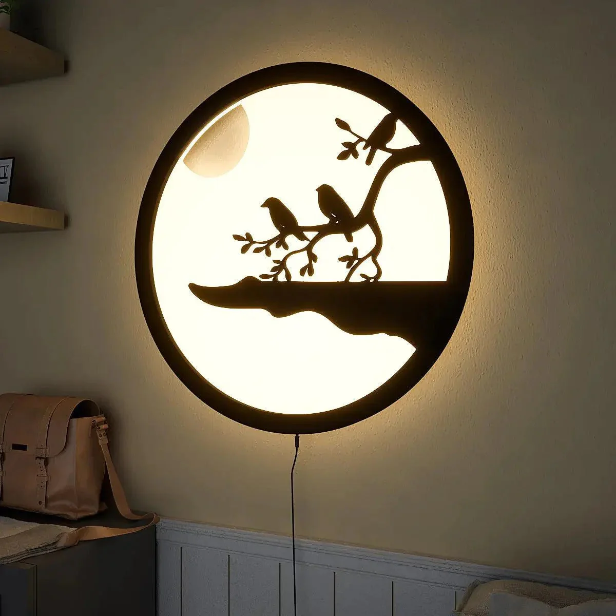 Chirping Birds Rounded Backlit Wooden Wall Decor with LED Night Light - Image 2