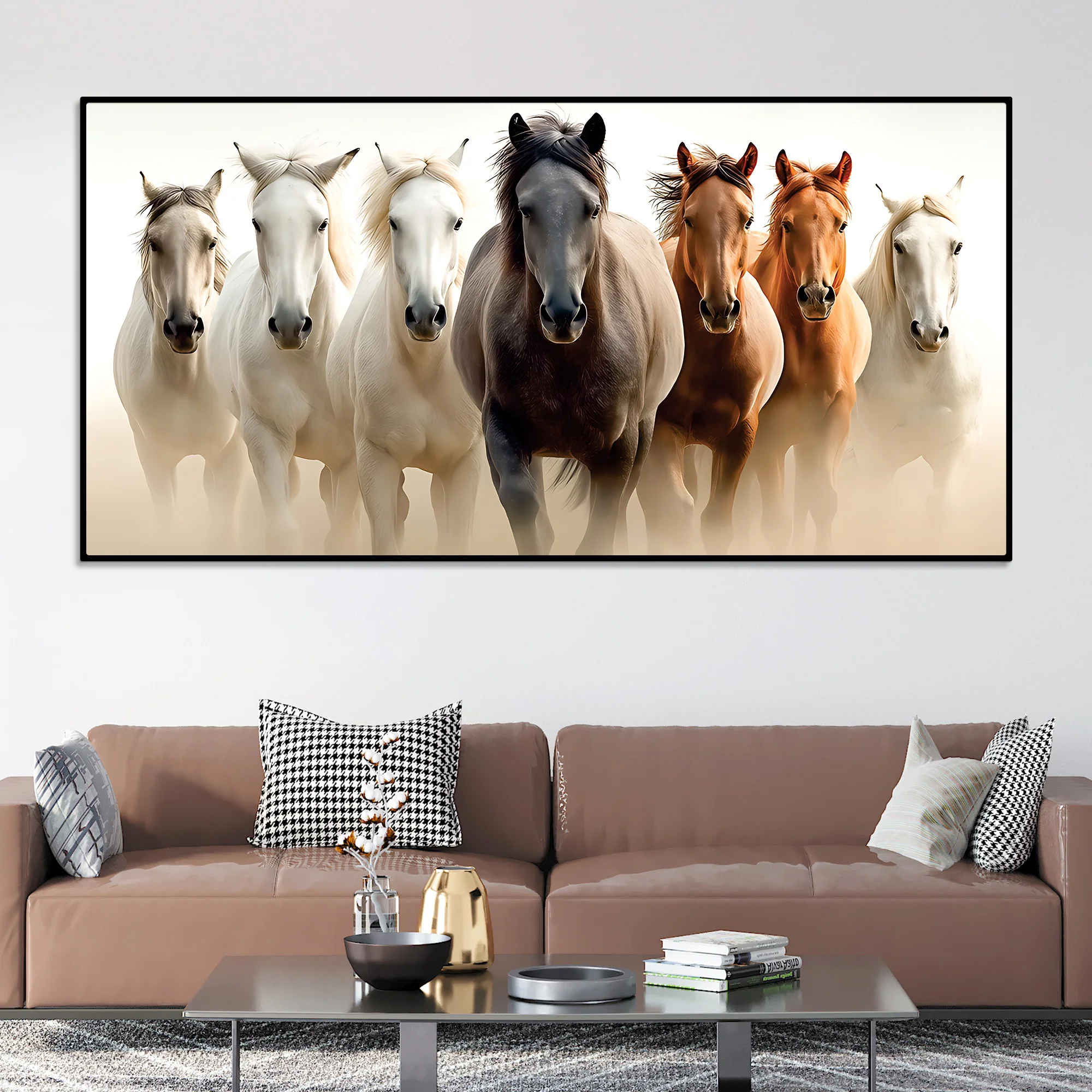 Cinematic view of Seven Horses Running Canvas Wall Painting - Image 2