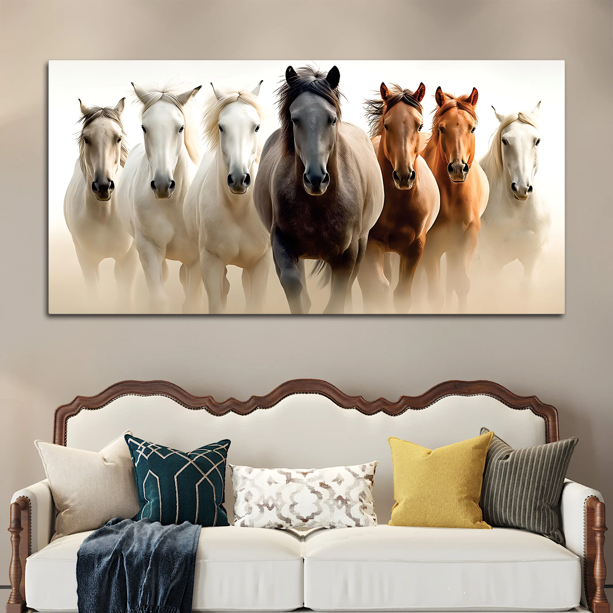 Cinematic view of Seven Horses Running Canvas Wall Painting - Image 3