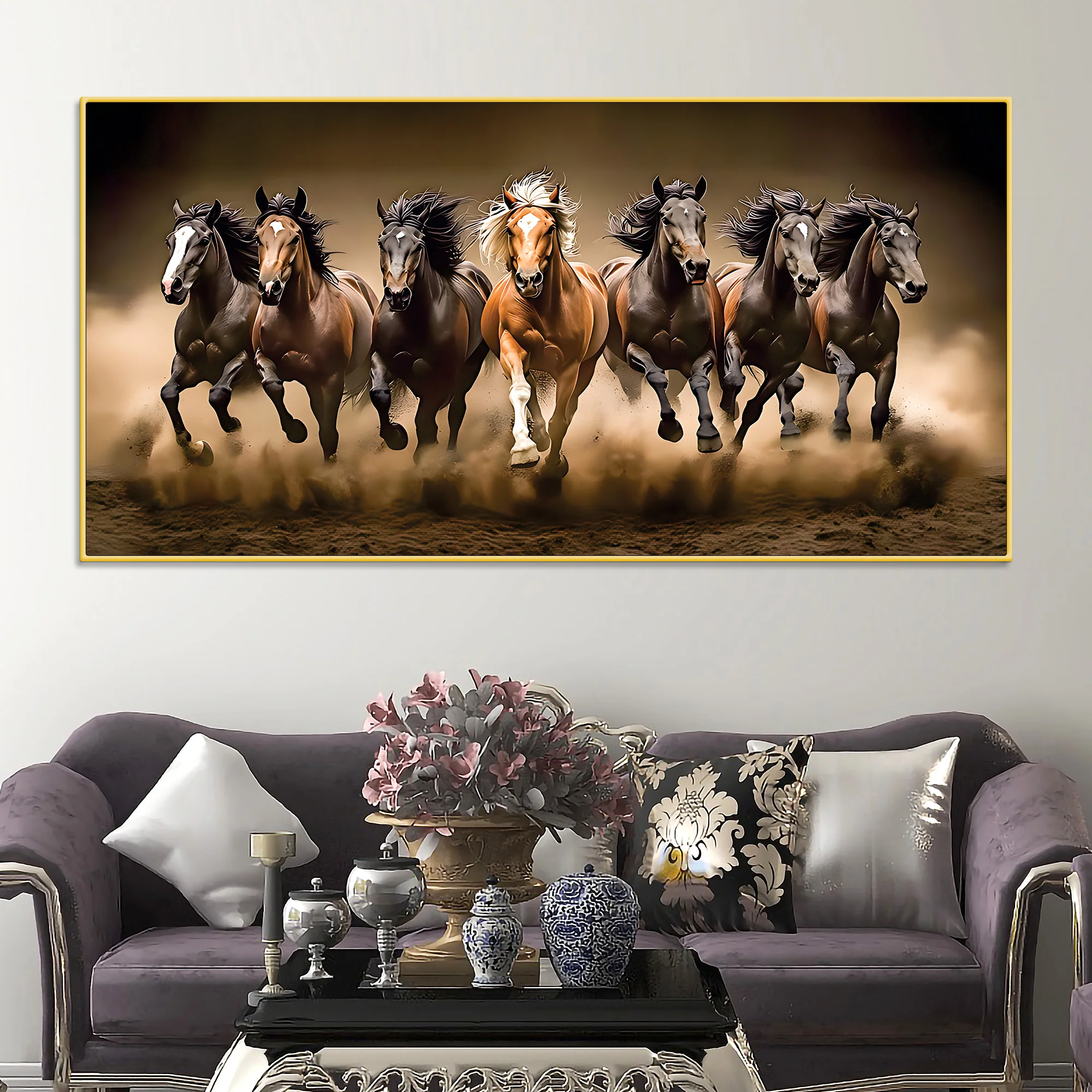 Cinematic view of Seven Running Horses Canvas Wall Painting - Image 2
