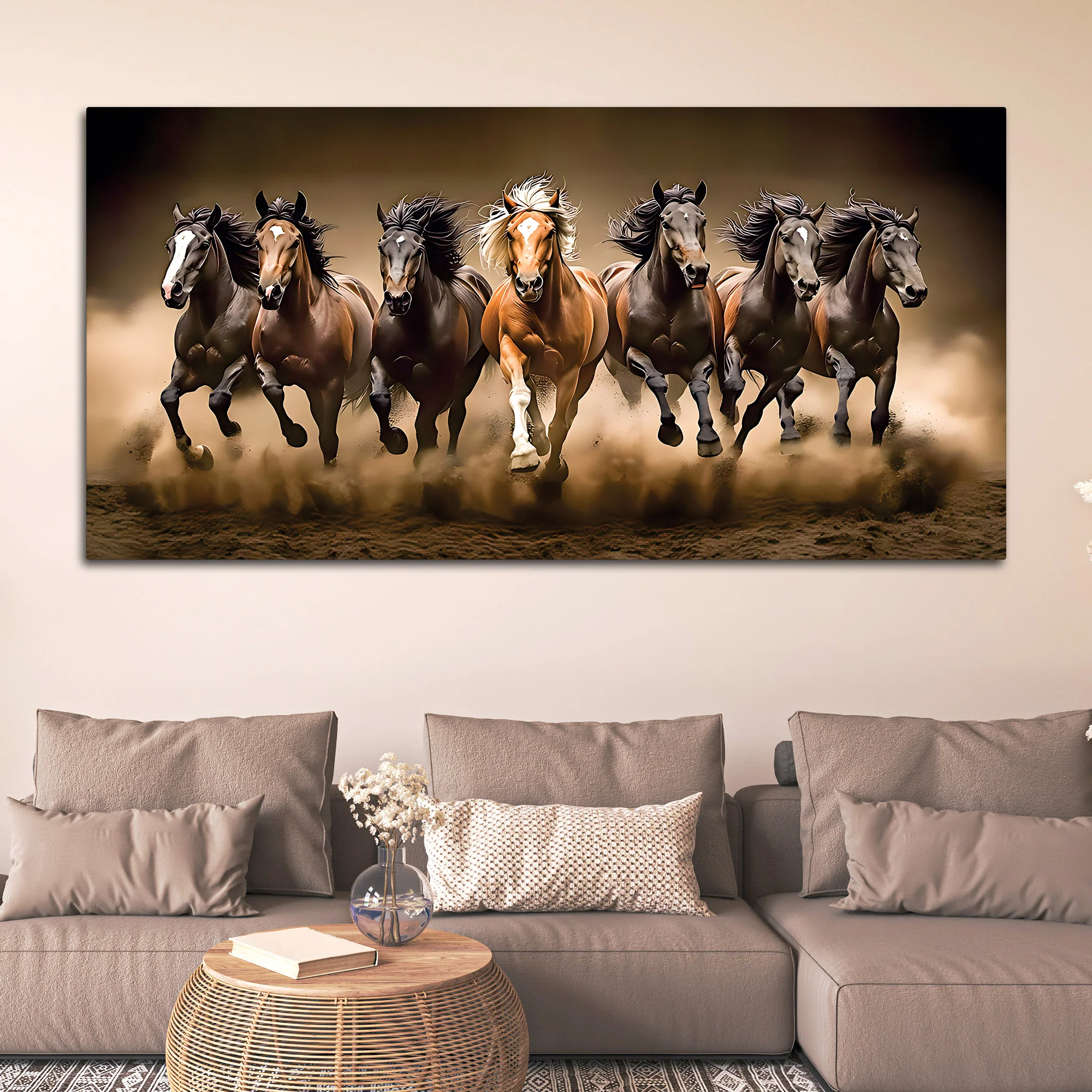 Cinematic view of Seven Running Horses Canvas Wall Painting - Image 3