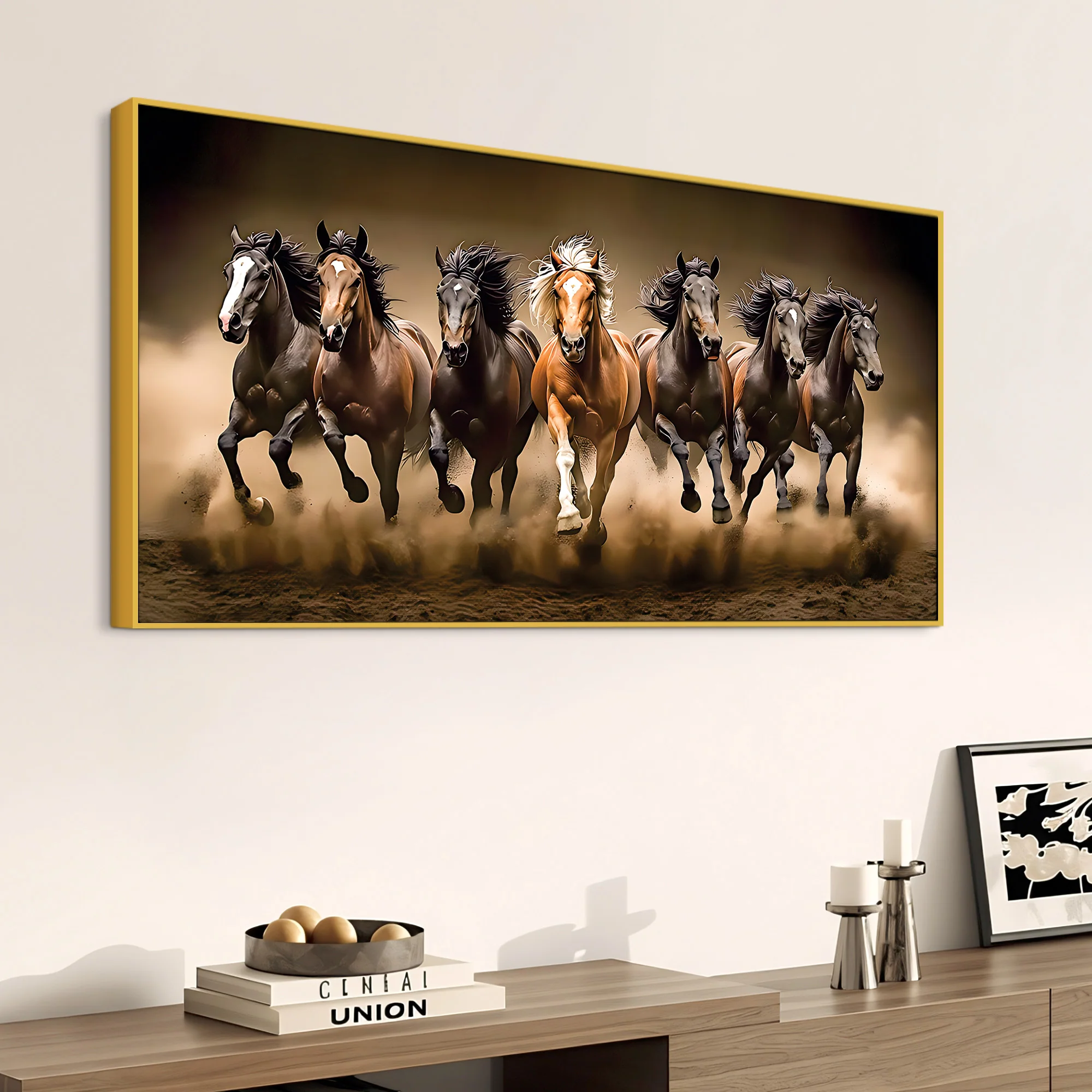 Cinematic view of Seven Running Horses Canvas Wall Painting - Image 4