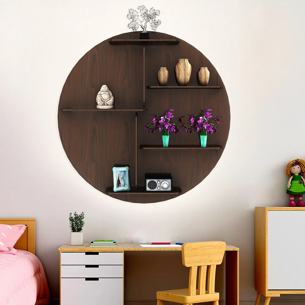 Circle Shape Dark Backlit Designer Wooden Wall Shelf / Book Shelf / Night Light, Walnut Finish - Image 2