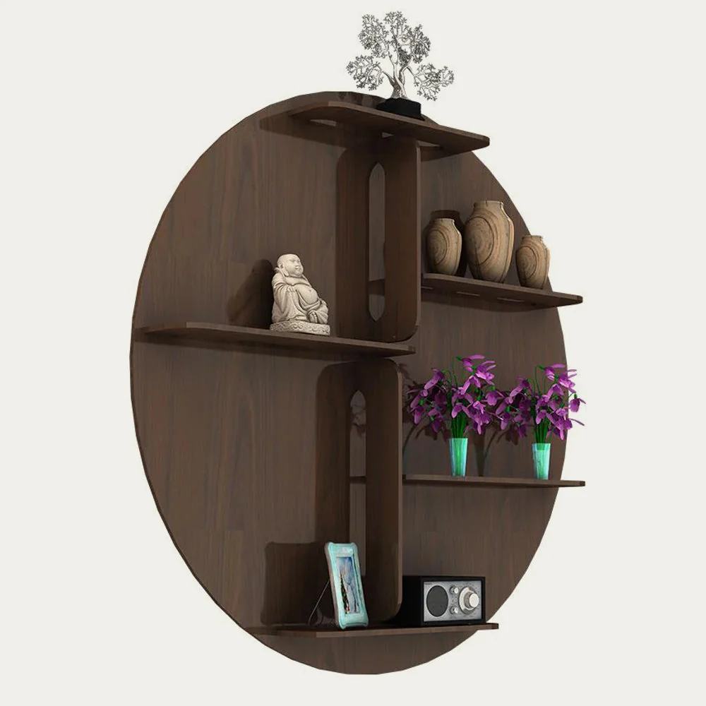 Circle Shape Dark Backlit Designer Wooden Wall Shelf / Book Shelf / Night Light, Walnut Finish - Image 3