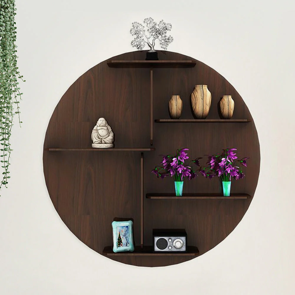 Circle Shape Dark Backlit Designer Wooden Wall Shelf / Book Shelf / Night Light, Walnut Finish - Image 4