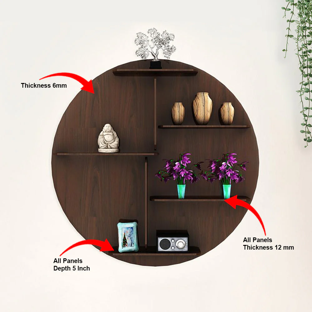 Circle Shape Dark Backlit Designer Wooden Wall Shelf / Book Shelf / Night Light, Walnut Finish - Image 5