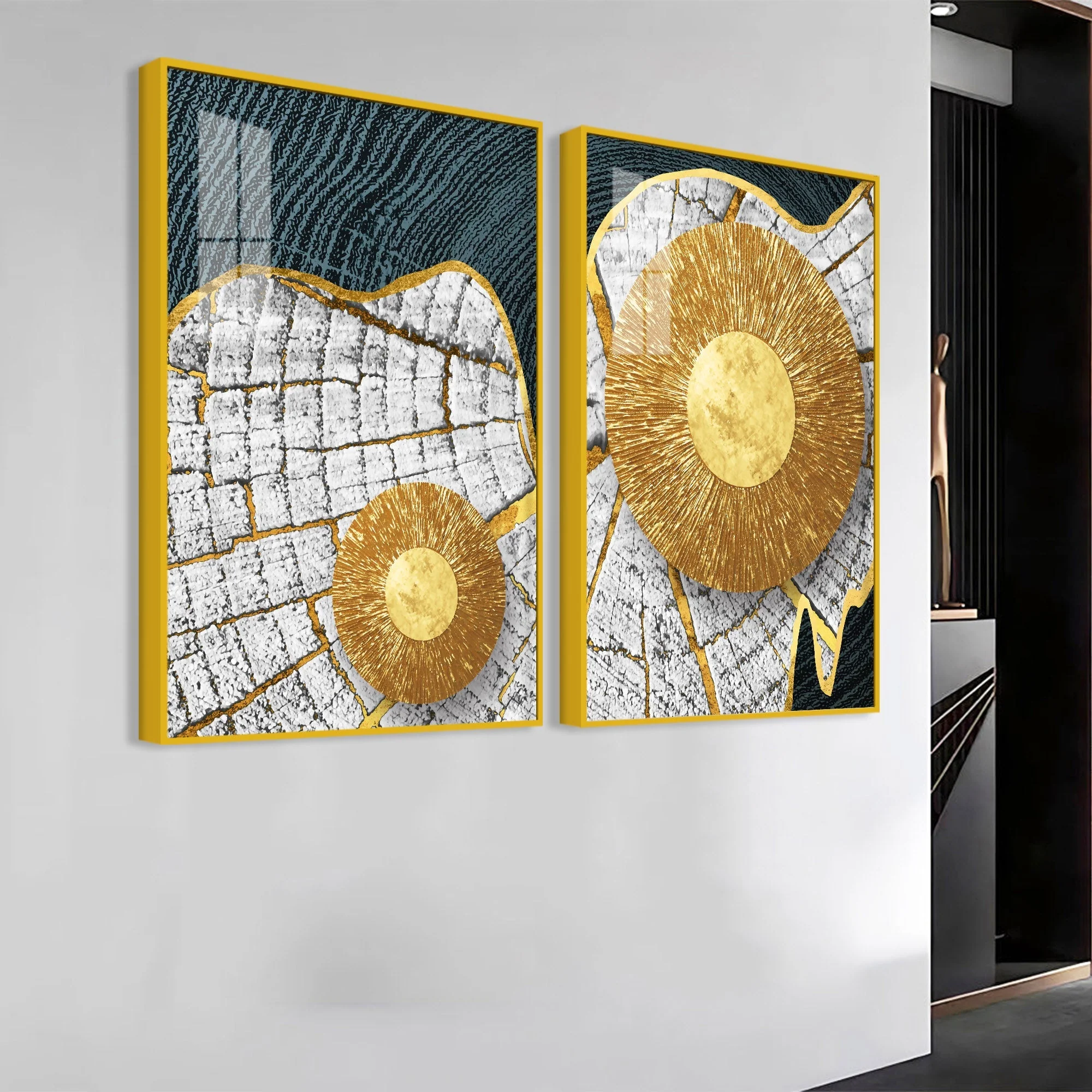 Circular Golden Pattern Acrylic Floating Wall Painting Set of 2 - Image 3