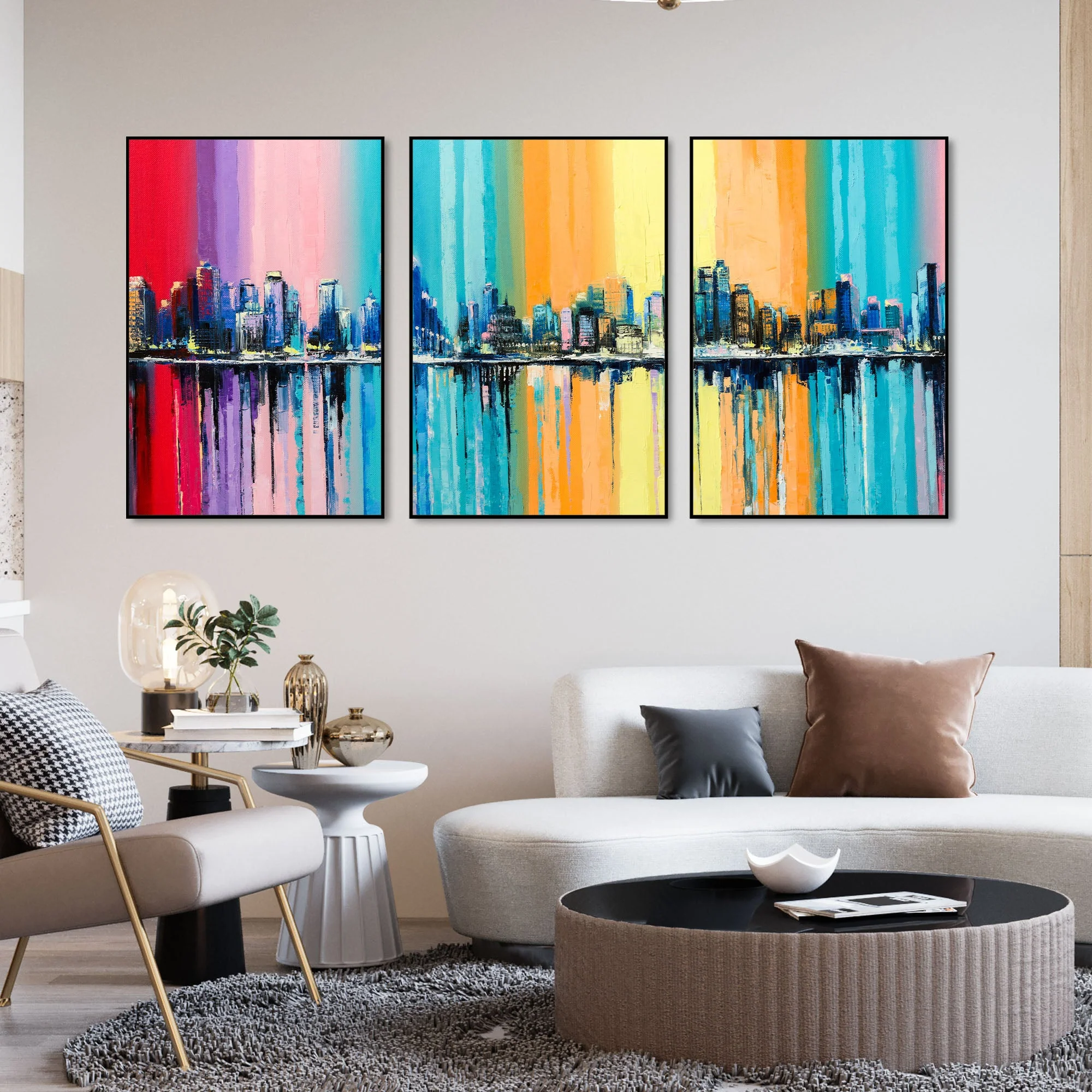 City Skyline Floating Canvas Wall Painting Set of Three - Image 2