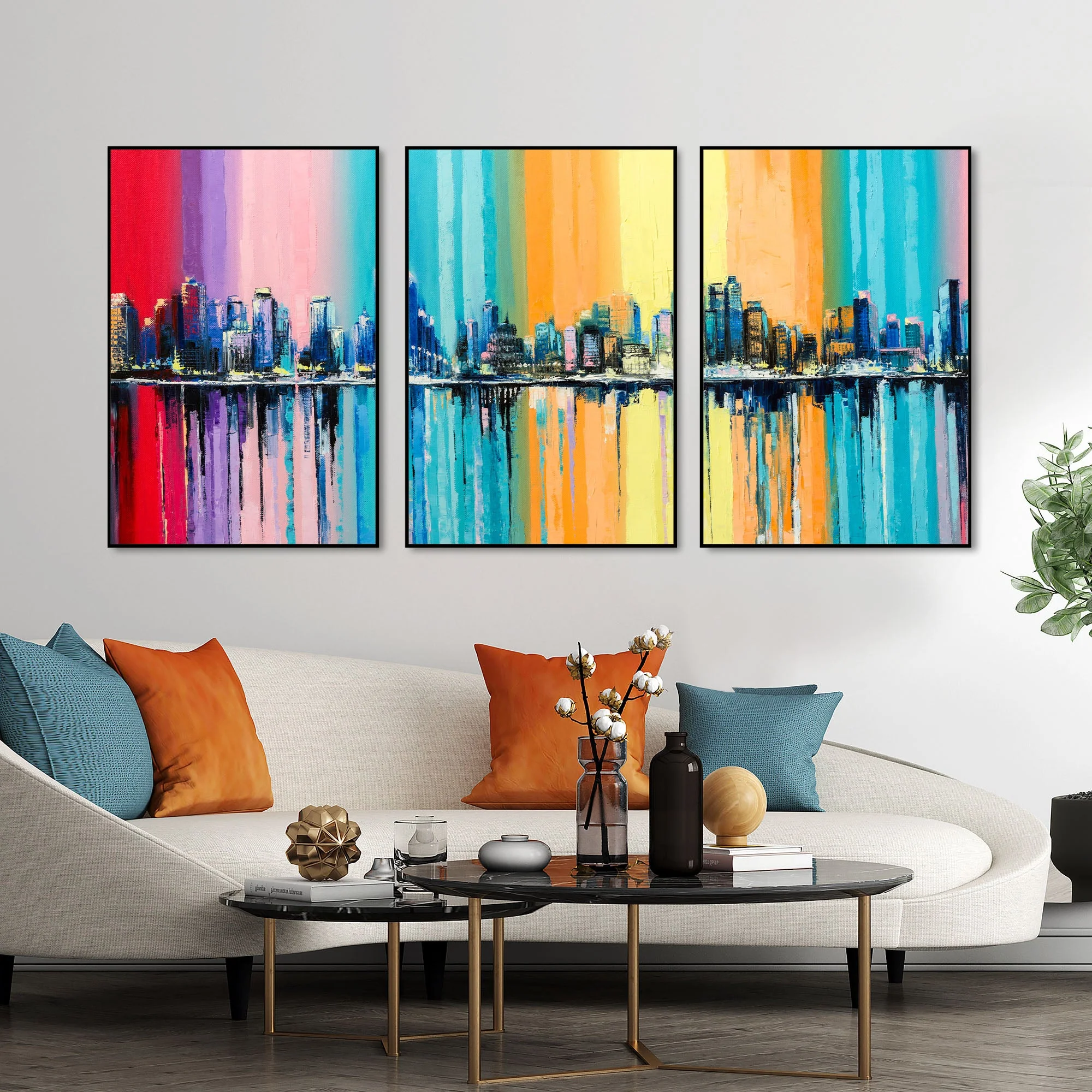 City Skyline Floating Canvas Wall Painting Set of Three - Image 3