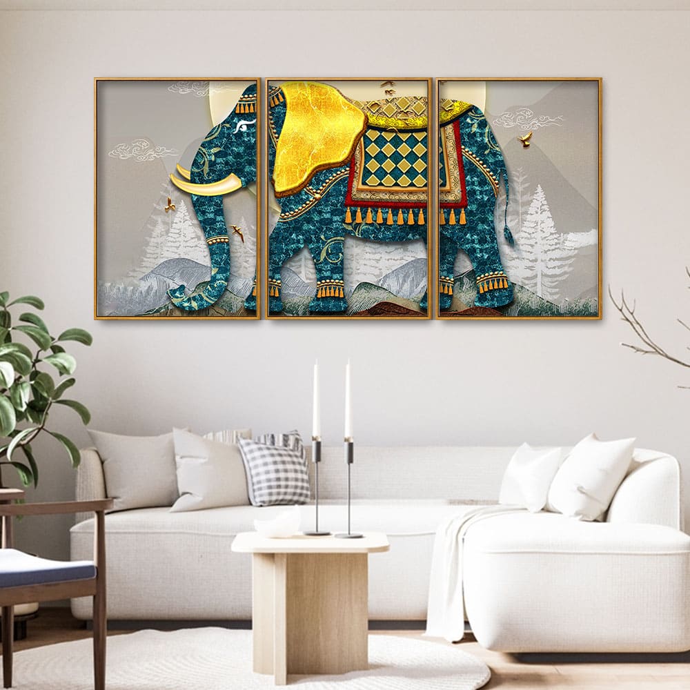 Classic and Royal Elephant with Golden Tusks Floating Canvas Wall Painting Set of Three - Image 2