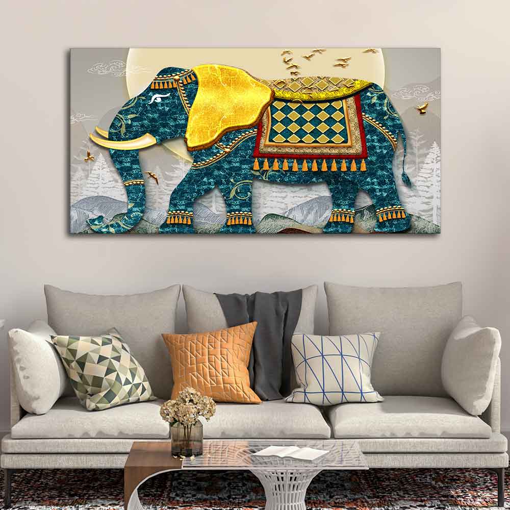 Classic and Royal Elephant with Golden Tusks wall Painting - Image 2