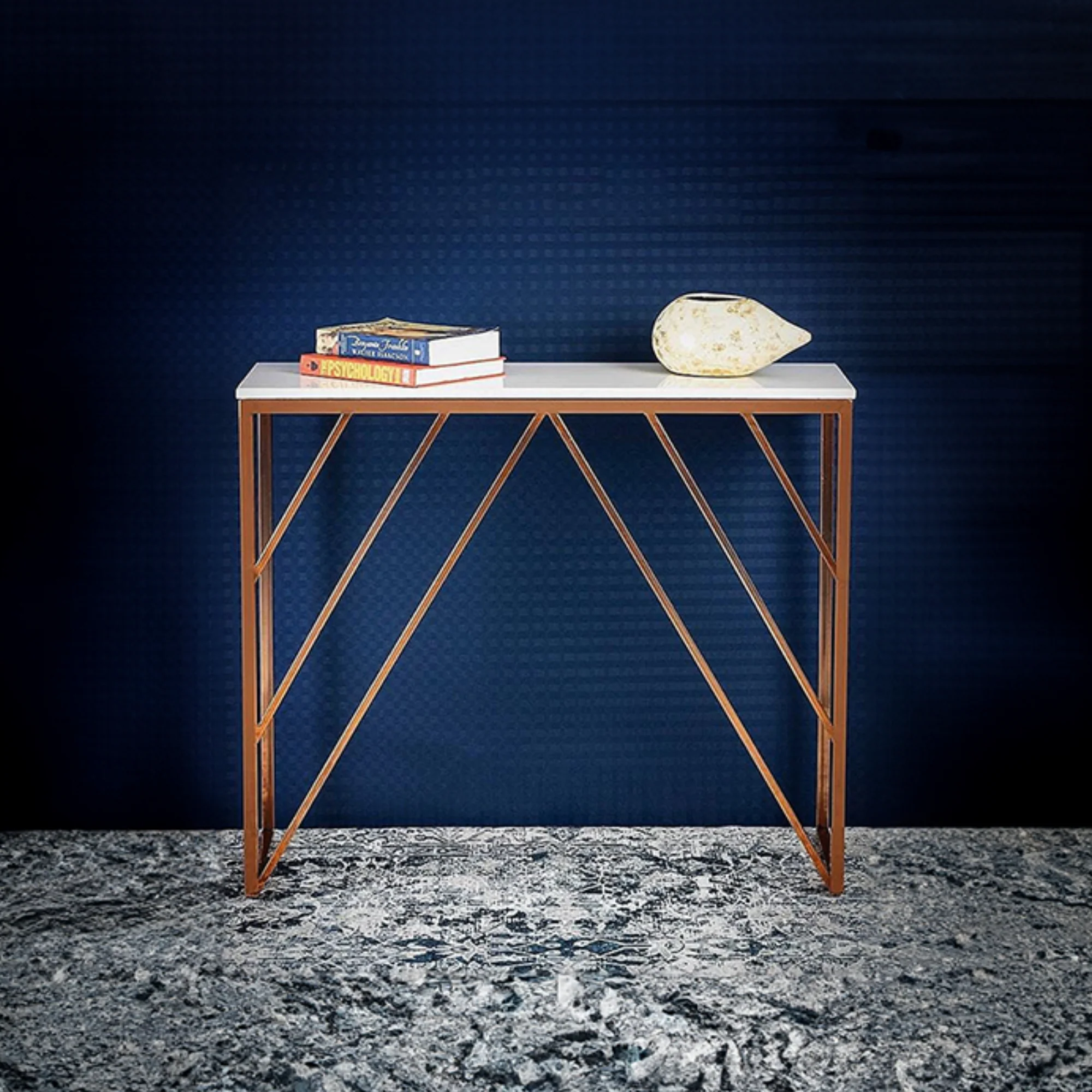 Classic Design Console Table White Rectangular Shape with Copper Metal Finish - Image 3