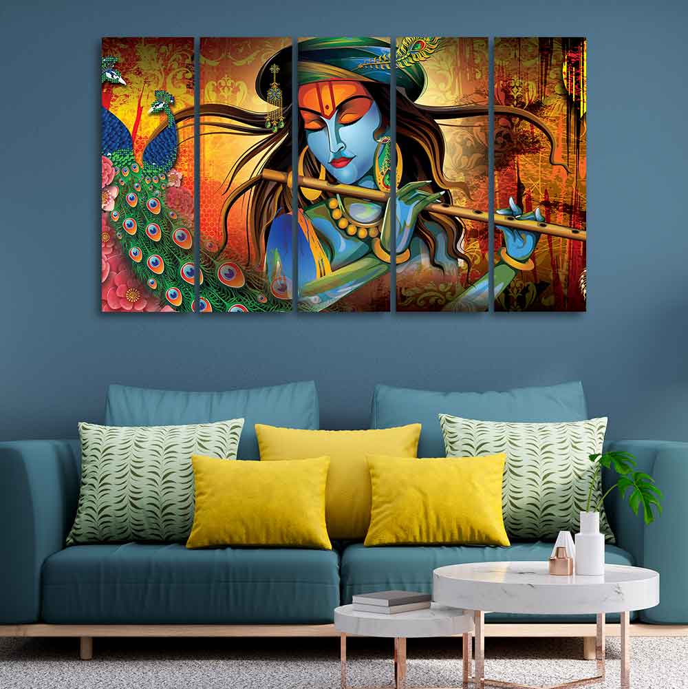Classic Lord Krishna Premium Wall Painting of Five Pieces - Image 2