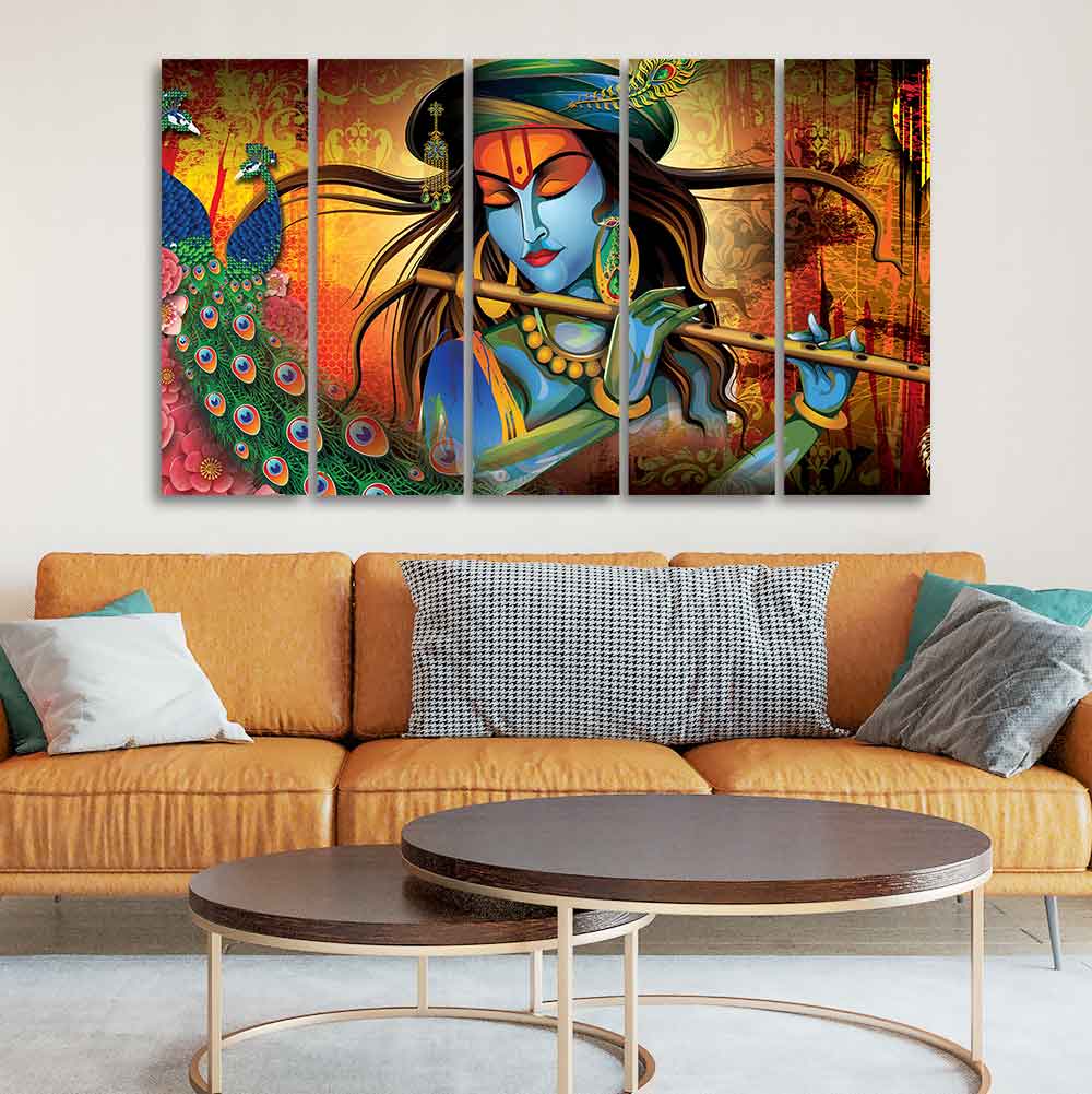 Classic Lord Krishna Premium Wall Painting of Five Pieces - Image 3
