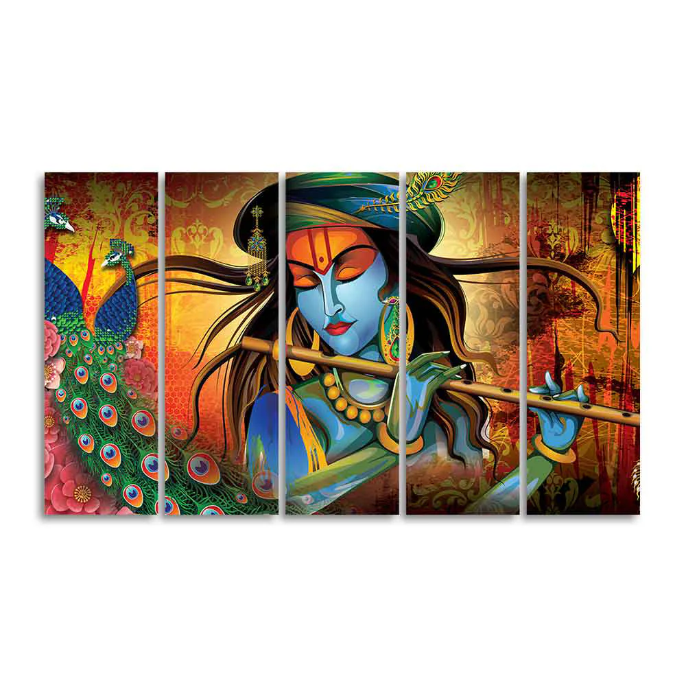 Classic Lord Krishna Premium Wall Painting of Five Pieces - Image 4